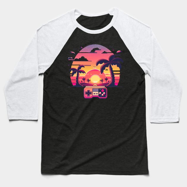 Retro Gaming Sunset Baseball T-Shirt by TechnoBubble